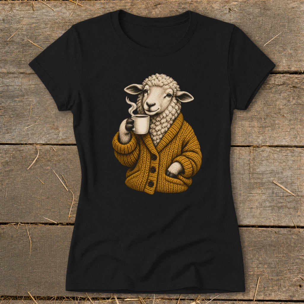 Black t-shirt featuring a graphic of a sheep wearing a mustard cardigan and drinking coffee.
