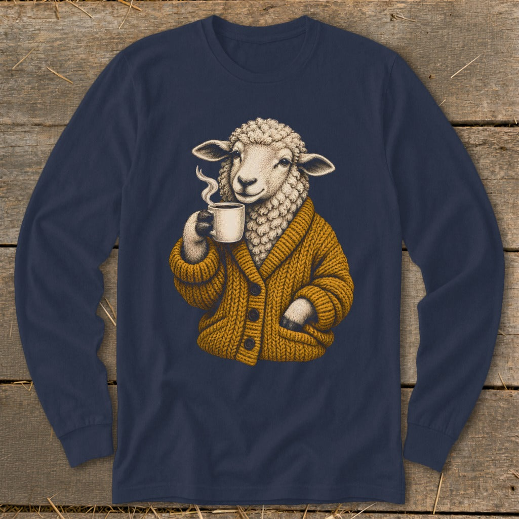 A dark blue long-sleeve shirt featuring an illustration of a sheep wearing a yellow cardigan and drinking coffee.