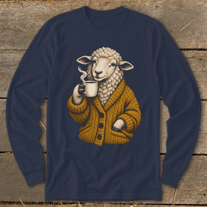 Navy long-sleeve shirt featuring a graphic of a sheep wearing a mustard yellow cardigan and drinking coffee.