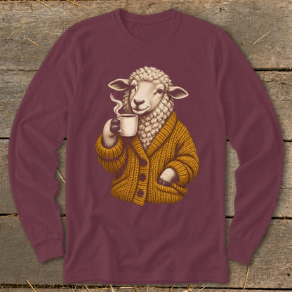 Maroon long-sleeved shirt featuring a graphic of a sheep wearing a mustard cardigan and drinking coffee.