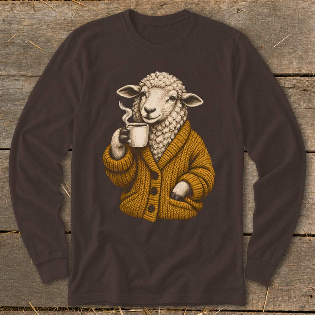 A dark brown long-sleeve t-shirt featuring an illustration of a sheep wearing a mustard yellow cardigan and holding a steaming cup of coffee.