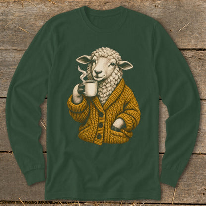 Dark green long-sleeve shirt featuring a graphic of a sheep wearing a mustard cardigan and drinking coffee.