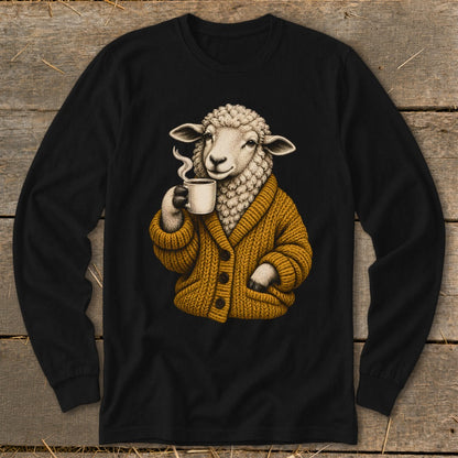 Black long-sleeve t-shirt featuring a graphic of a sheep wearing a yellow cardigan and holding a steaming mug.