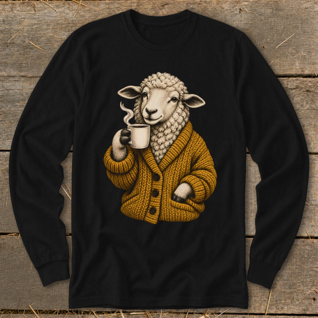 Black long-sleeve shirt featuring an illustration of a sheep wearing a yellow cardigan and holding a steaming coffee cup.