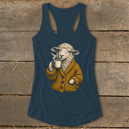 Dark blue women's racerback tank top featuring a graphic of a sheep drinking coffee while wearing a yellow cardigan.