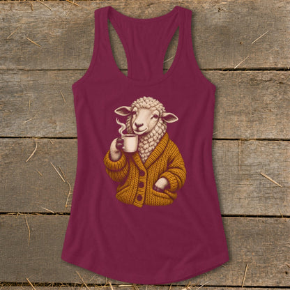Maroon women's racerback tank top featuring a graphic of a sheep wearing a mustard yellow cardigan while drinking coffee.
