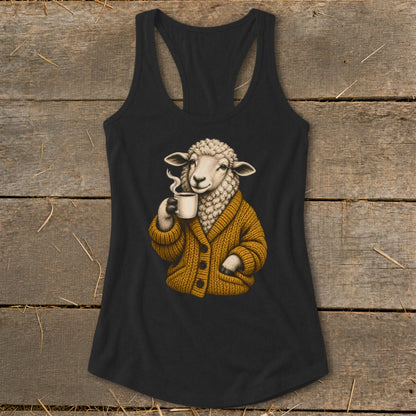 Black racerback tank top featuring a graphic of a sheep wearing a yellow cardigan while drinking coffee.
