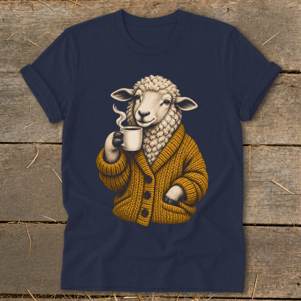 A dark blue t-shirt featuring an illustration of a sheep wearing a yellow cardigan while drinking coffee.