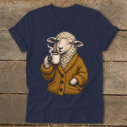 A dark blue t-shirt featuring an illustration of a sheep wearing a yellow cardigan while drinking coffee.