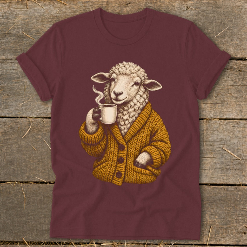 A maroon crewneck t-shirt featuring a graphic of a sheep wearing a yellow cardigan and drinking coffee.