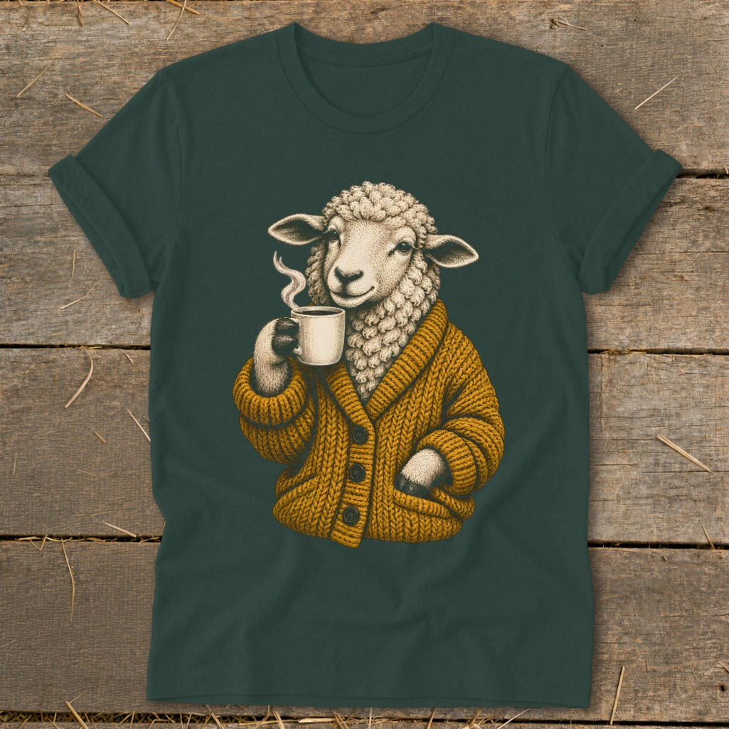 A dark green t-shirt displays a graphic of a sheep wearing a mustard cardigan and holding a steaming coffee cup.