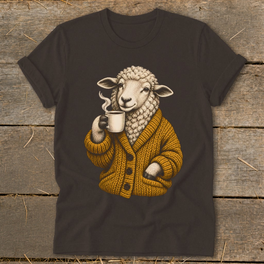 Dark gray t-shirt featuring a graphic of a sheep wearing a yellow cardigan while drinking coffee.