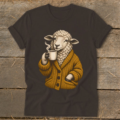 Dark gray t-shirt featuring a graphic of a sheep wearing a yellow cardigan while drinking coffee.