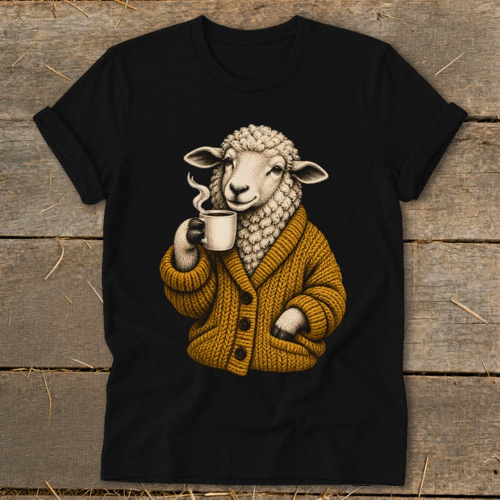 A black t-shirt printed with a vintage illustration of a sheep wearing a mustard cardigan and drinking coffee.