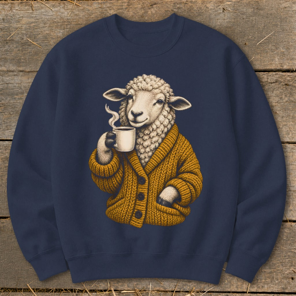 Navy blue crewneck sweatshirt featuring a graphic of a sheep wearing a mustard-yellow cardigan holding a steaming coffee mug.