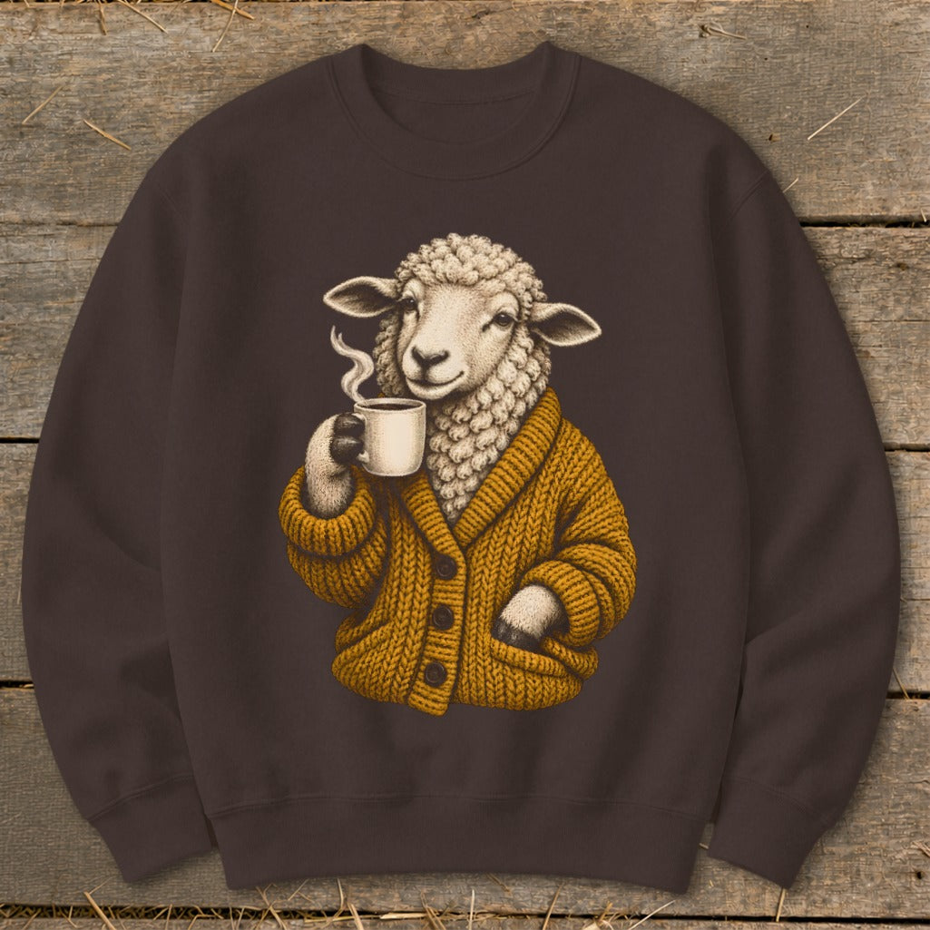 A brown crewneck sweatshirt featuring a graphic of a sheep wearing a mustard cardigan and drinking coffee.