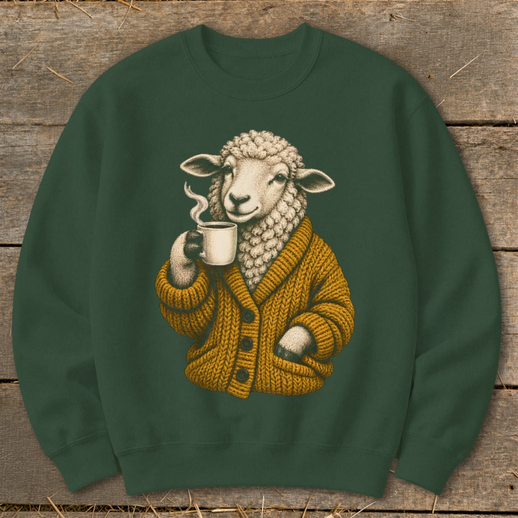 Dark green crewneck sweatshirt featuring a vintage illustration of a sheep wearing a mustard cardigan and holding a steaming coffee mug.