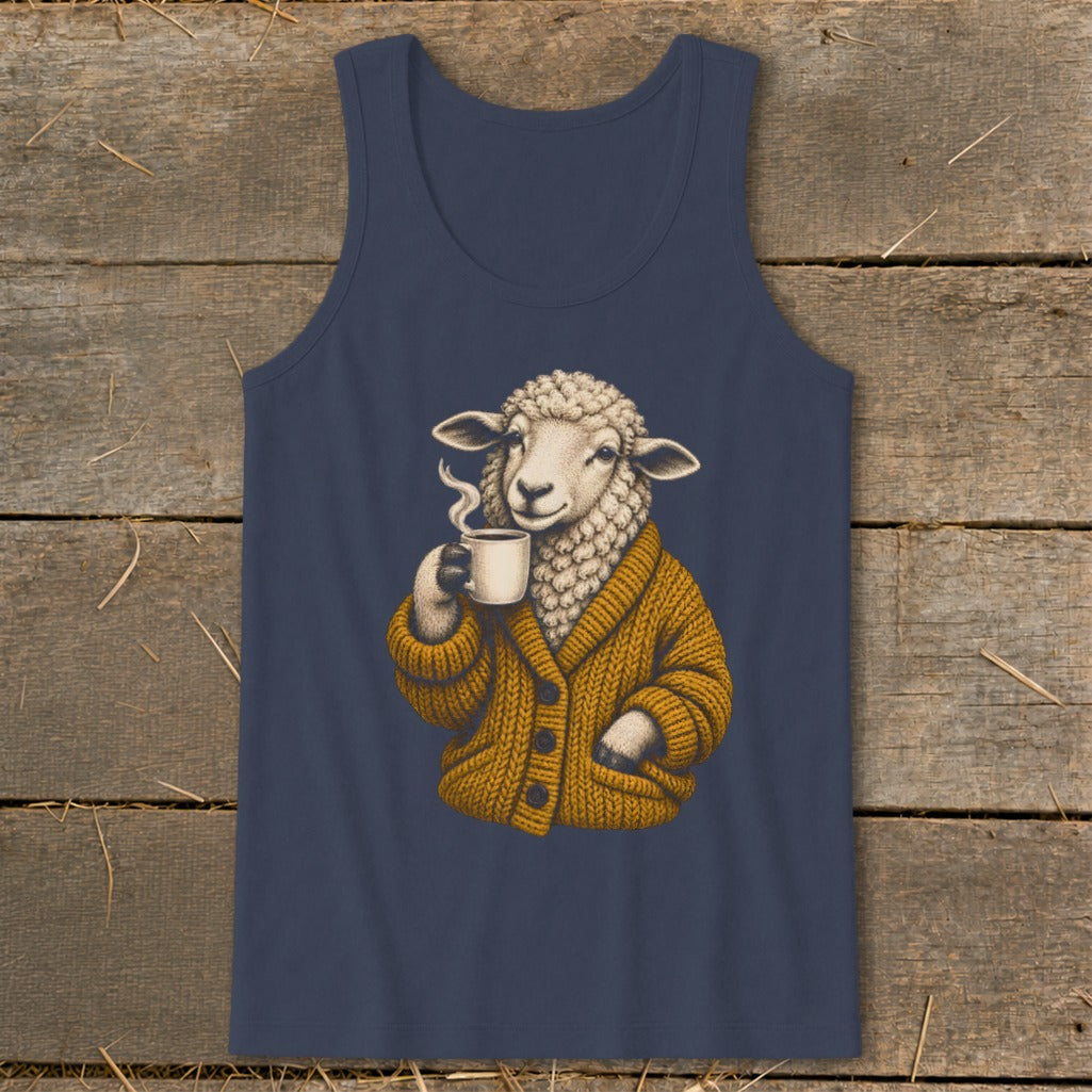 Dark blue tank top featuring an illustrated sheep in a mustard-yellow cardigan holding a steaming mug.