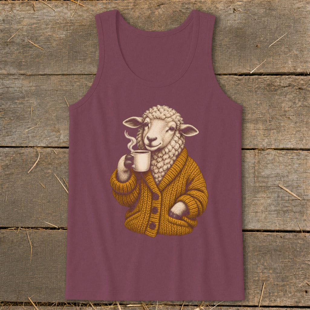 Maroon tank top featuring a graphic of a sheep wearing a mustard-yellow cardigan and drinking coffee.