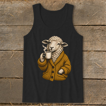 A black tank top featuring a graphic of a sheep wearing a yellow cardigan drinking coffee.