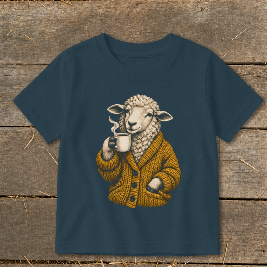 A dark blue t-shirt printed with an illustration of a sheep wearing a yellow cardigan and holding a steaming mug.