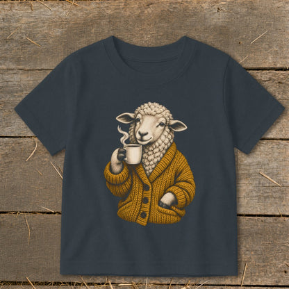 Dark gray crewneck t-shirt featuring a graphic of a sheep wearing a yellow cardigan and holding a steaming mug.