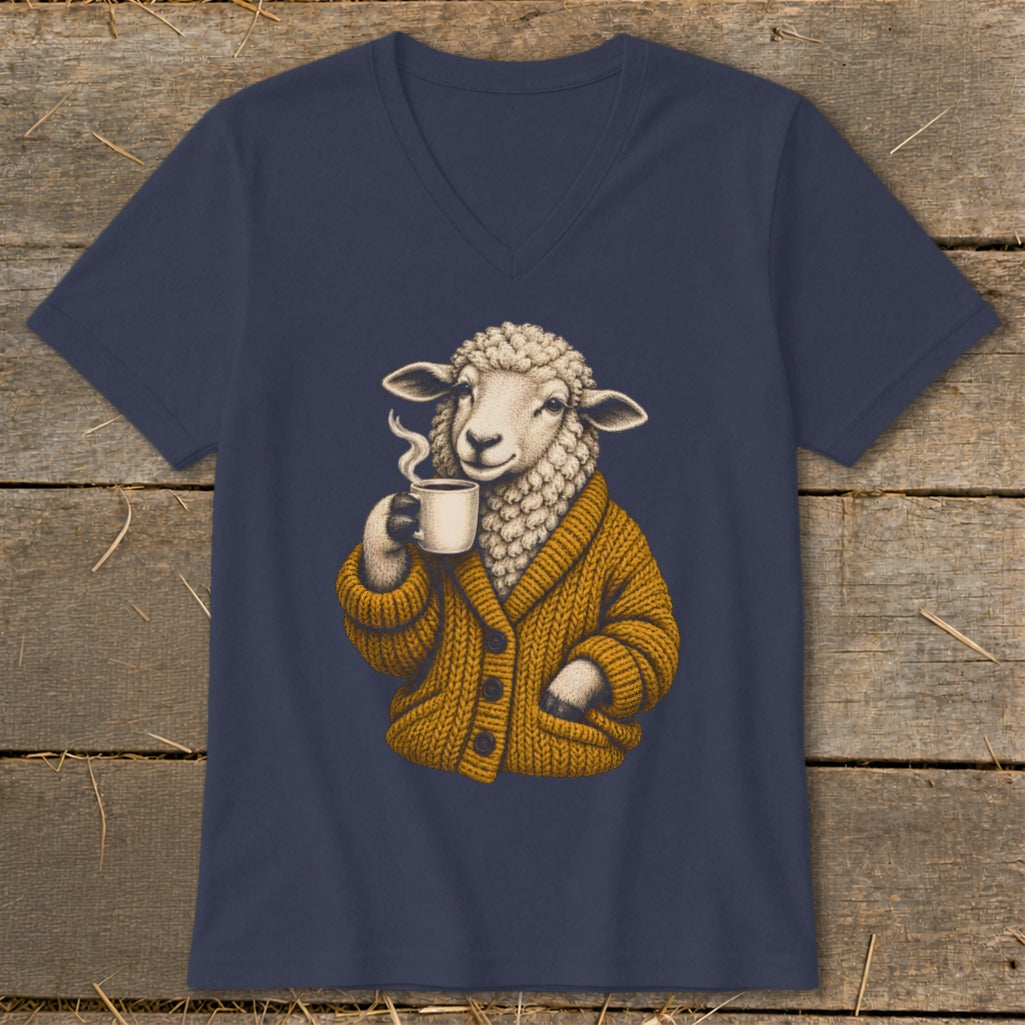 Navy blue v-neck t-shirt featuring a graphic of a sheep wearing a mustard cardigan drinking coffee.