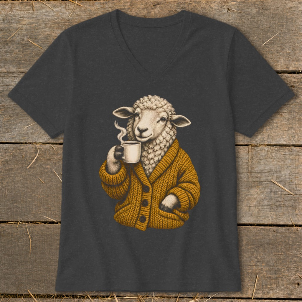 A dark gray V-neck t-shirt featuring a graphic of a sheep wearing a mustard cardigan and drinking coffee.