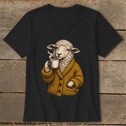 Black V-neck t-shirt featuring a graphic of a sheep wearing a mustard yellow cardigan drinking coffee.