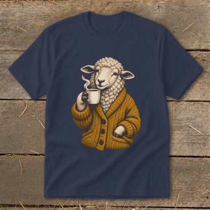 A navy blue t-shirt featuring a graphic of a sheep wearing a yellow cardigan and holding a steaming cup of coffee.