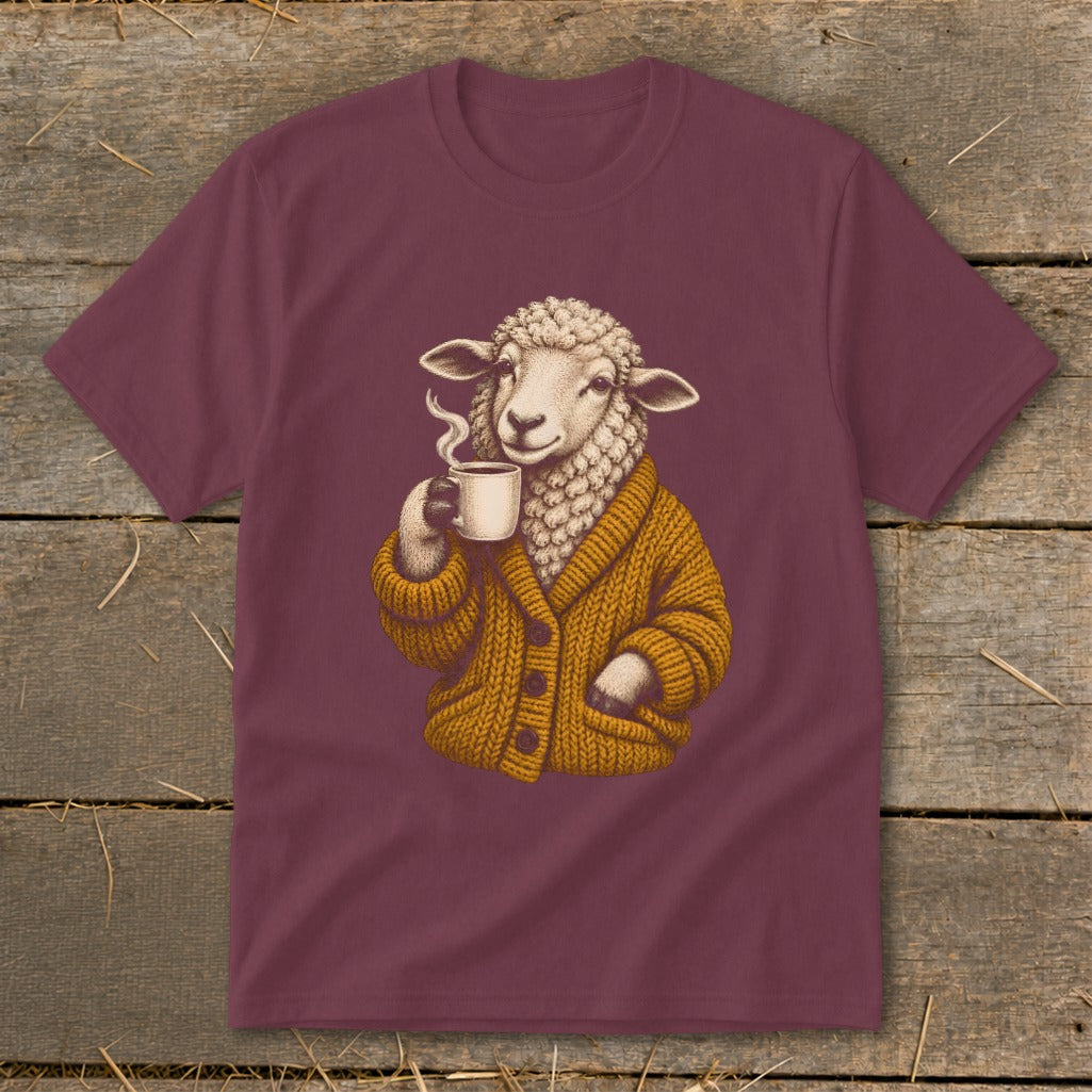 Maroon t-shirt featuring an illustration of a sheep wearing a mustard-yellow cardigan and drinking coffee.