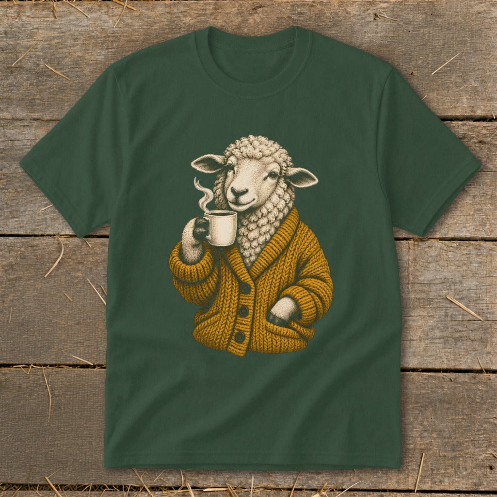 Dark green t-shirt featuring a graphic of a sheep wearing a mustard cardigan and drinking coffee.