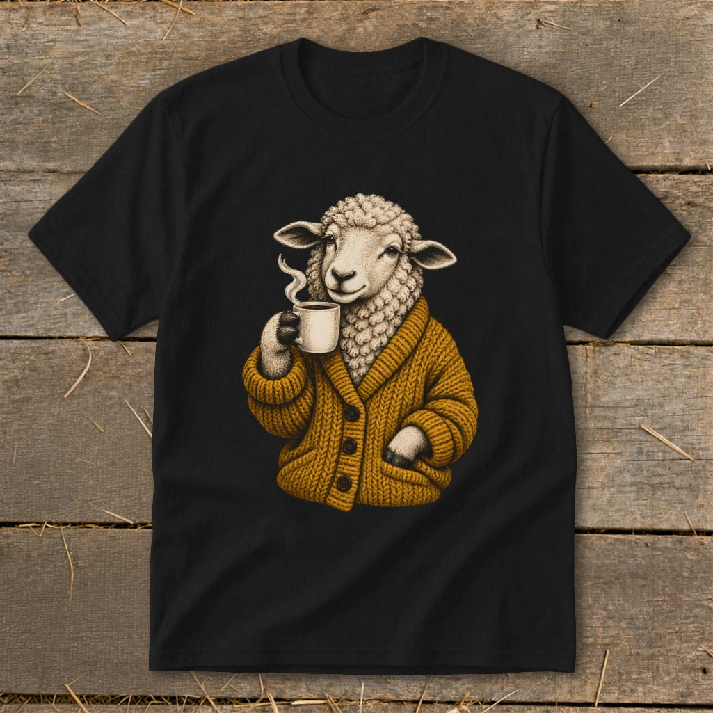Black t-shirt featuring a graphic of a sheep in a mustard cardigan drinking hot coffee.
