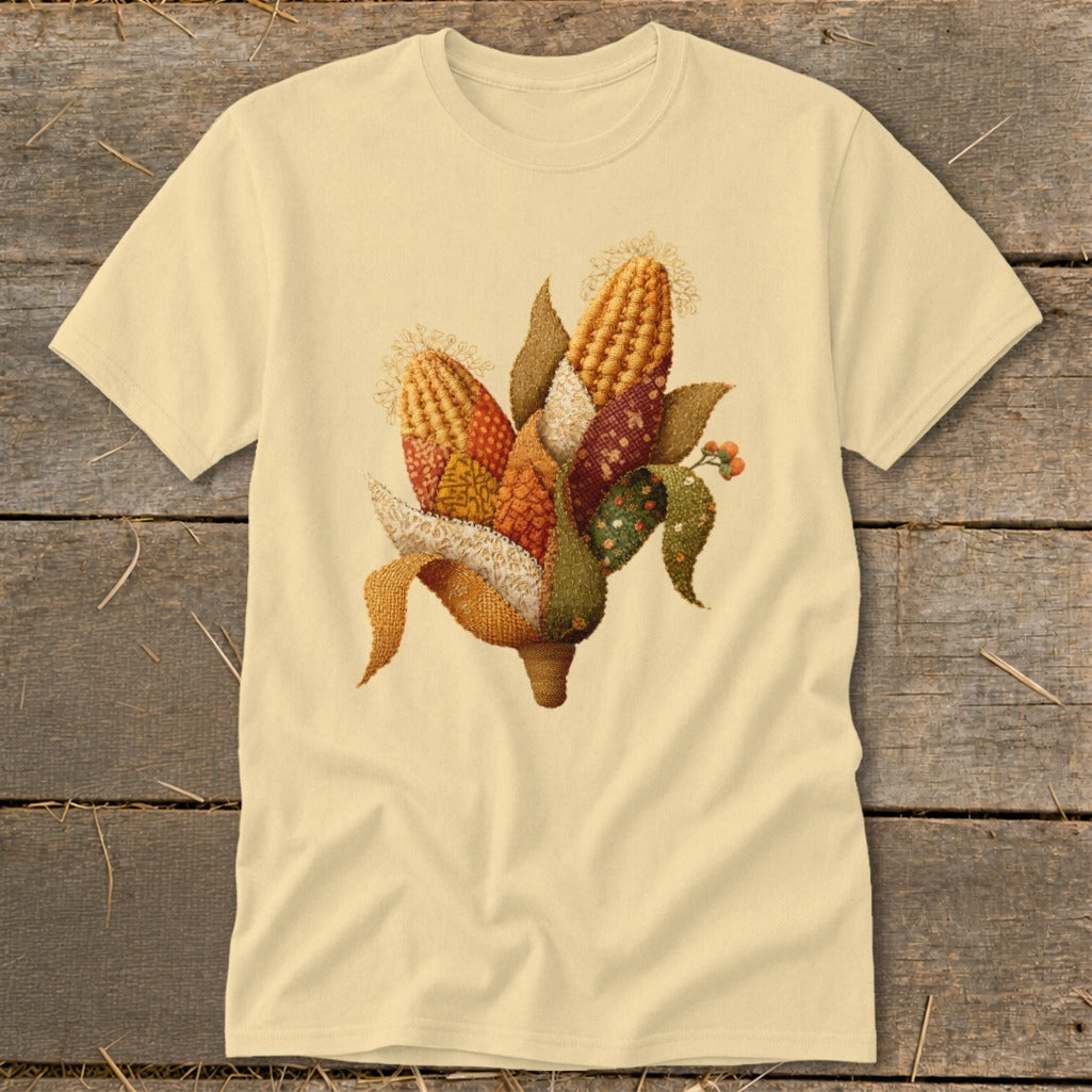 T-shirt with a decorative quilt-style corn design.
