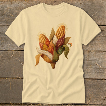 T-shirt with a decorative quilt-style corn design.