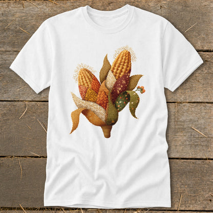 White t-shirt with a patchwork corn cob graphic and scattered berries.