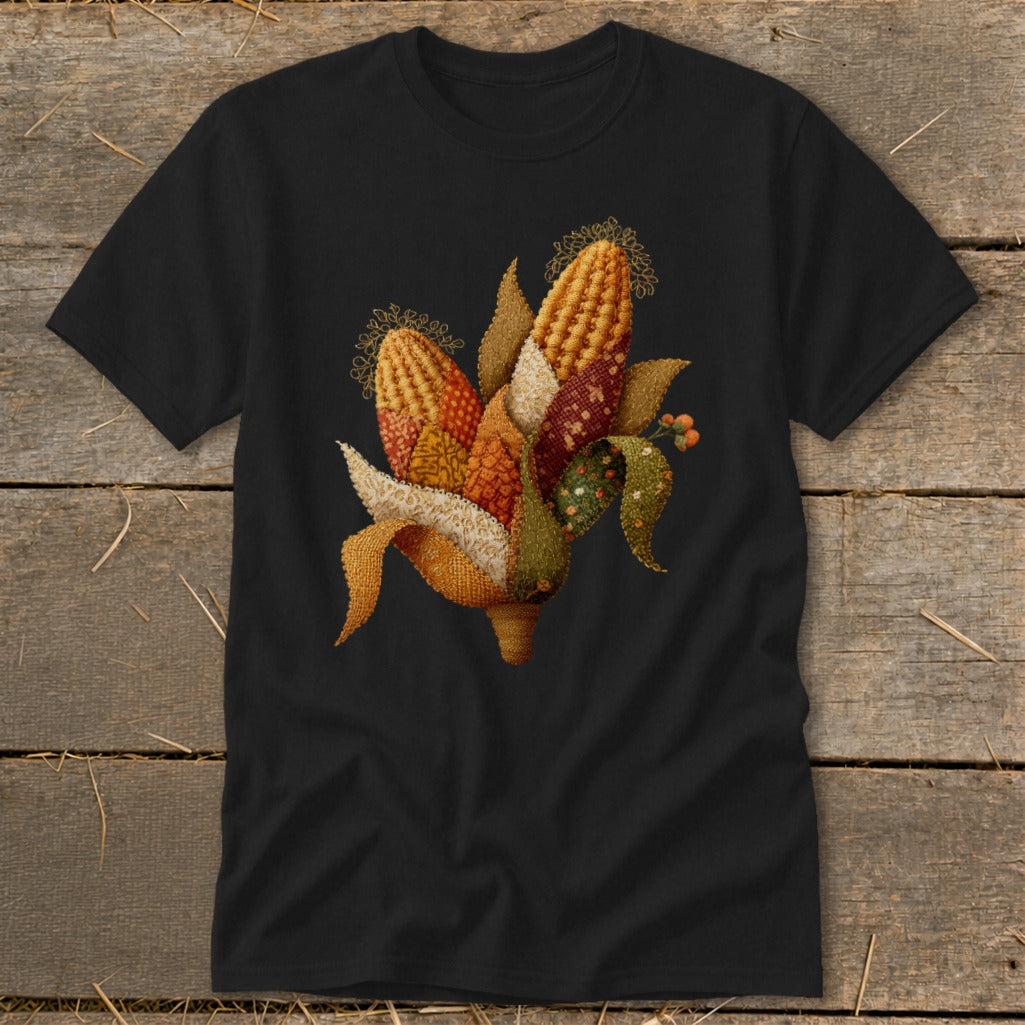 Black t-shirt featuring a decorative arrangement of stitched corn ears with leaves.