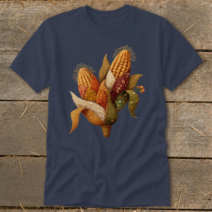 Navy t-shirt with a stitched corn cob and fall leaf design.