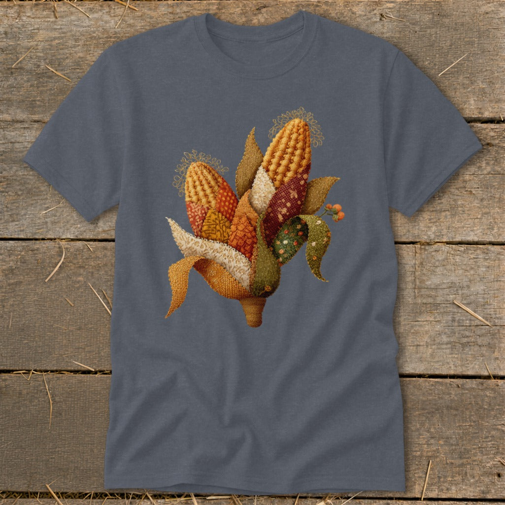T-shirt with a patchwork corn cob illustration on a wooden background.