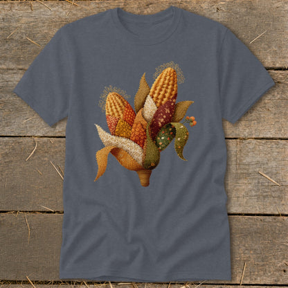 T-shirt with a patchwork corn cob illustration on a wooden background.