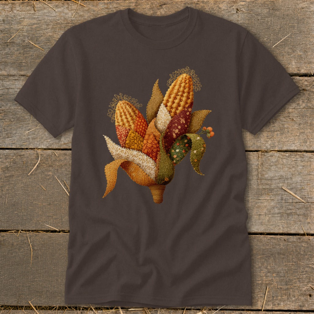 Brown t-shirt featuring a quilted corn illustration with golden embellishments.