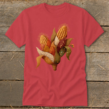 Red t-shirt with a textured corn cob applique featuring various fabrics and patterns.