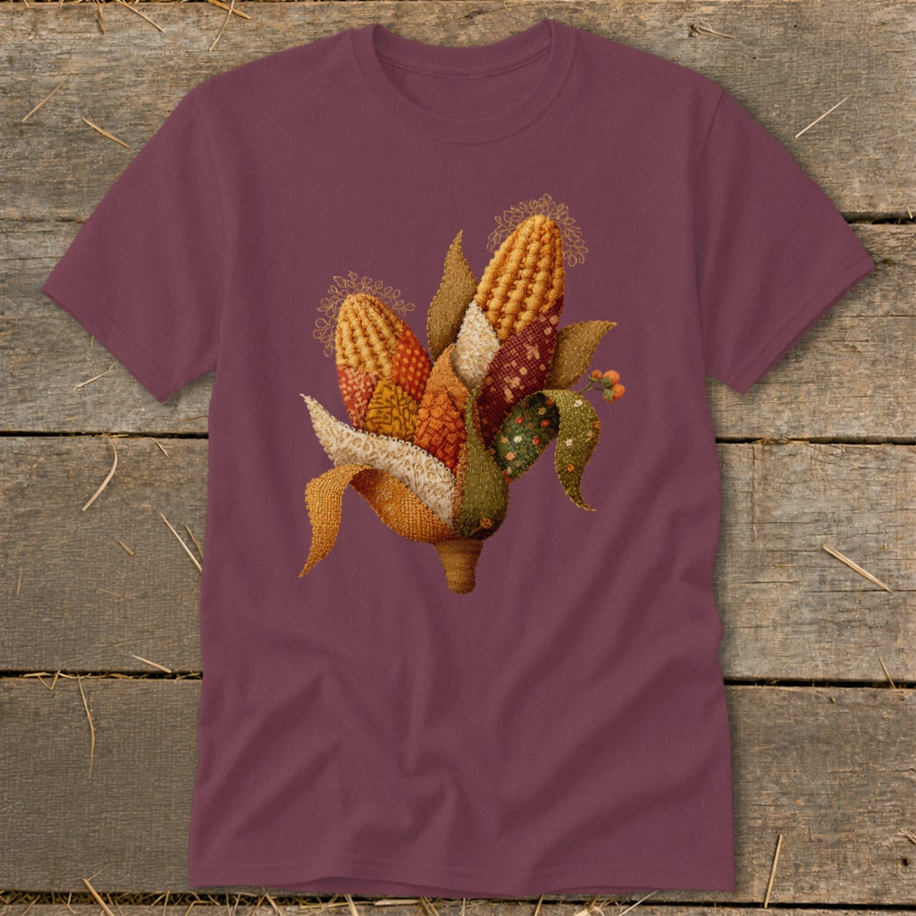 Maroon t-shirt with a quilted cornucopia graphic featuring ears of corn and fall leaves.