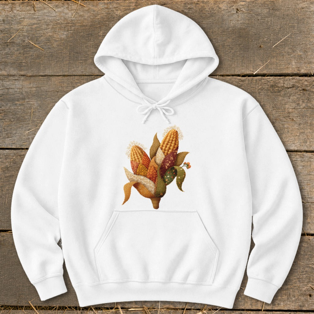 White hoodie with a graphic of two ears of corn and green leaves.