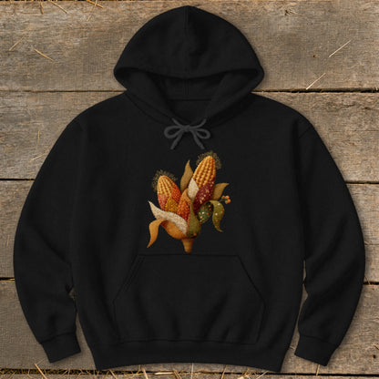 Black hoodie featuring an artistic depiction of two ears of corn with leaves.