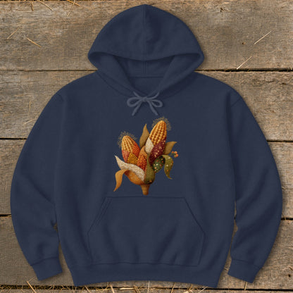 Navy hoodie with a corn illustration on the chest.