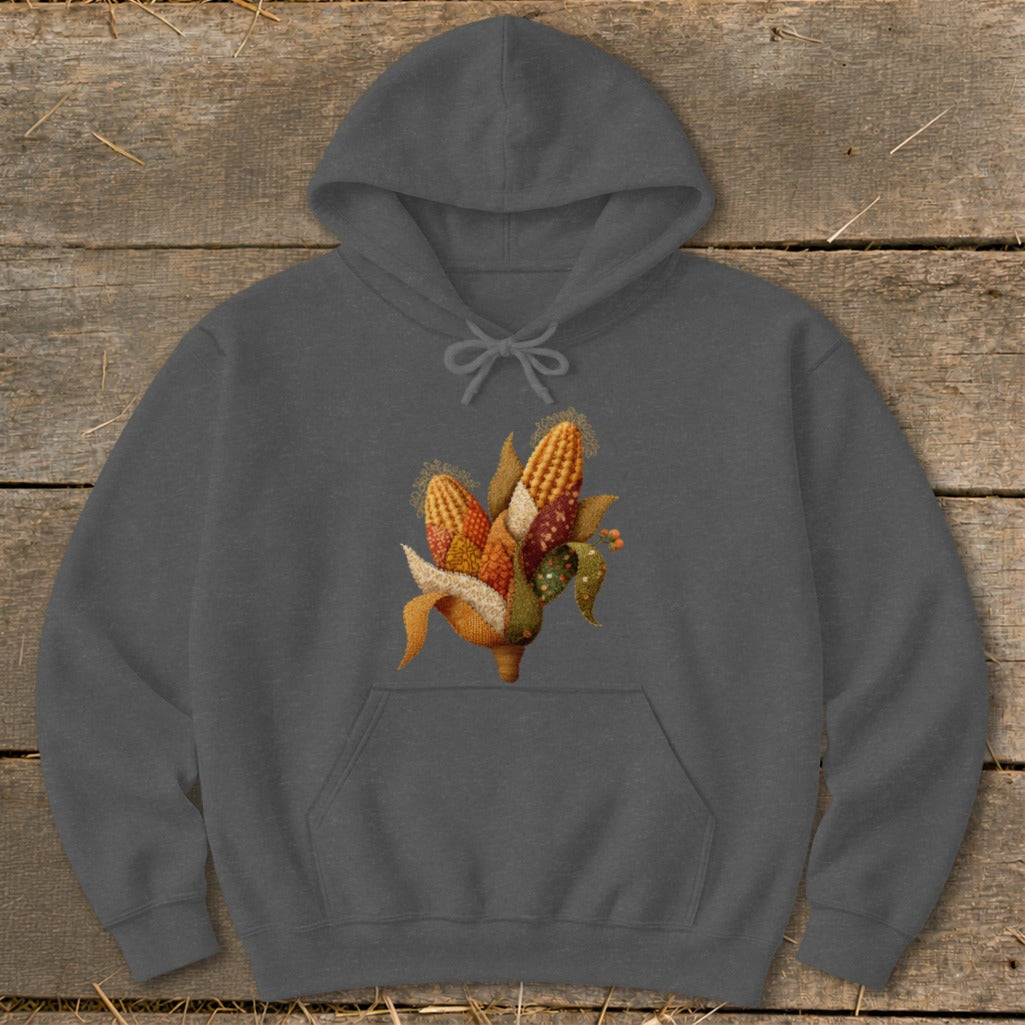 Dark grey hoodie with a corn husk and kernels graphic on the chest.