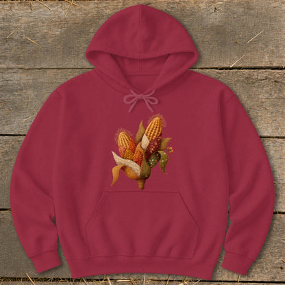 Maroon hoodie with a graphic of dried corn ears on a wooden background.