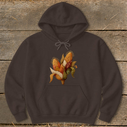Brown hoodie with embroidered corn stalks on the chest.