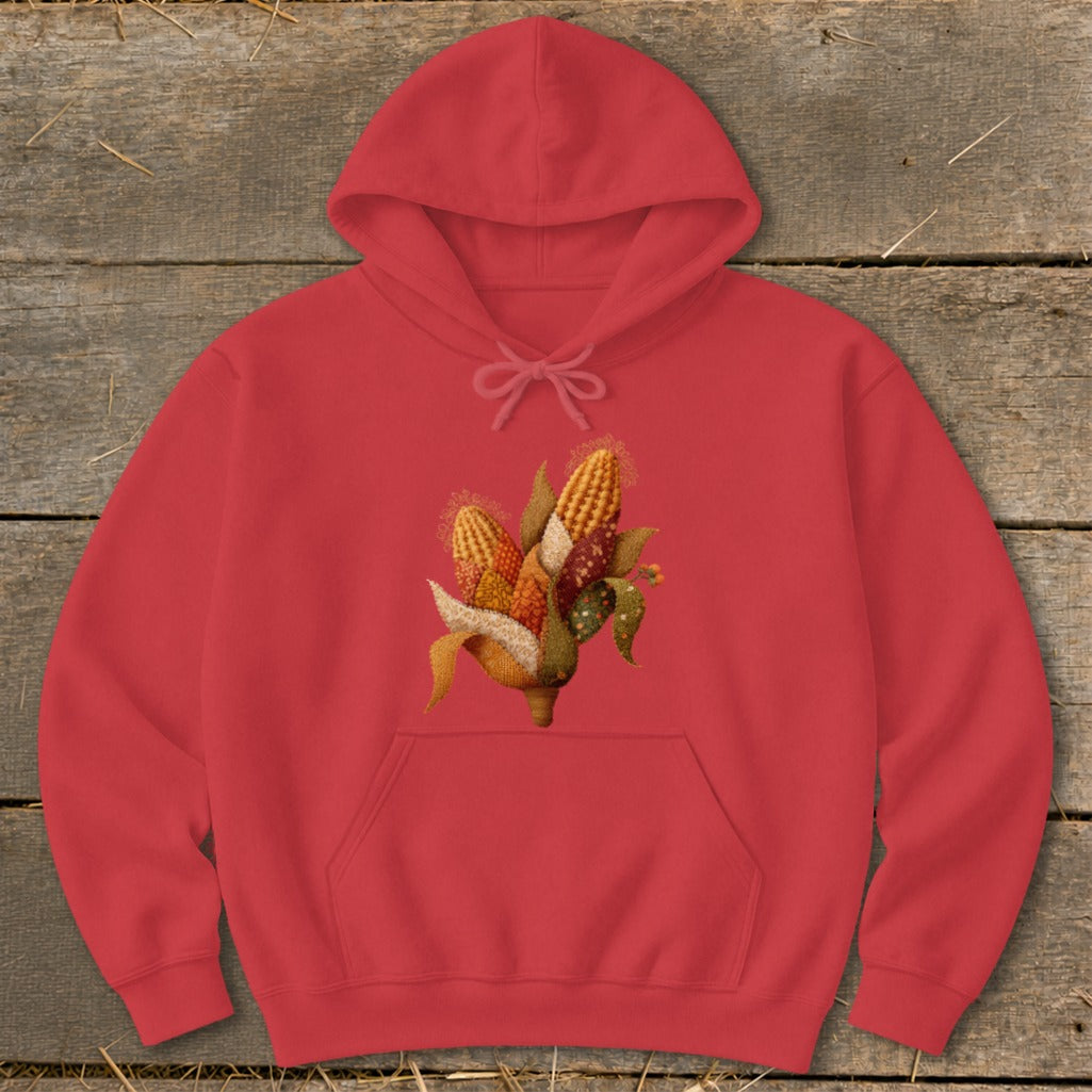 Red hoodie with an embroidered illustration of colorful ears of corn.